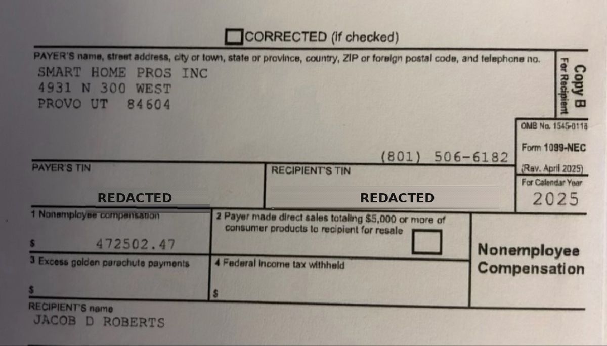 2025 Form 1099-NEC for Jacob D. Roberts. $472,502.47 nonemployee compensation